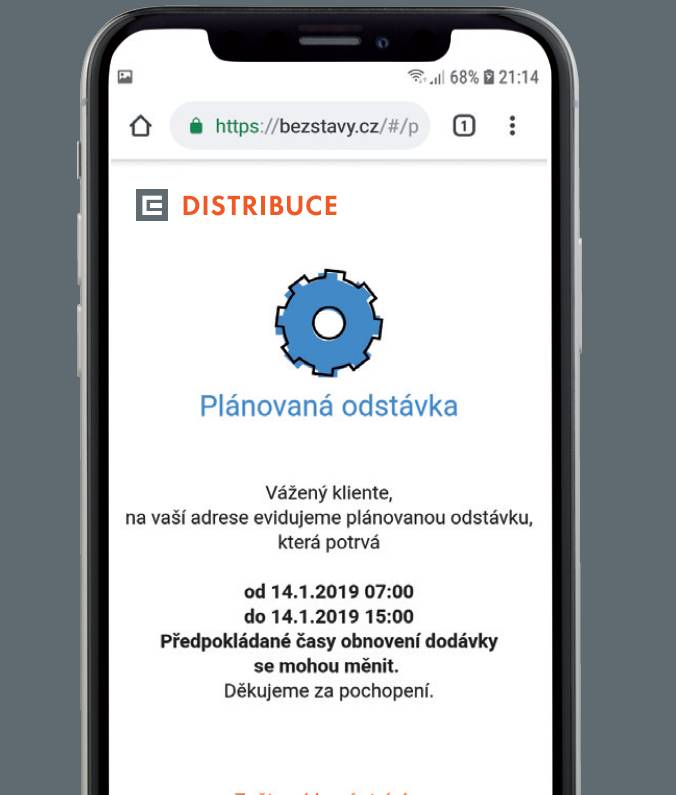 ČE Distribuce provozuje mobilní webovou aplikaci pro snadné a rychlé nahlášení poruchy.