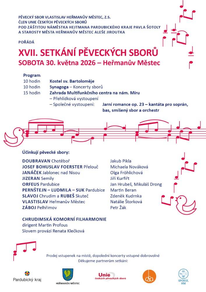 Již tuto sobotu 30. května bude Heřmanův Městec žít sborovým zpěvem. Osm hostujících sborů, Chrudimská komorní filharmonie i domácí PS Vlastislav, na to vše se můžete těšit. Tradice setkání pěveckých sborů má svůj počátek v roce 1992.