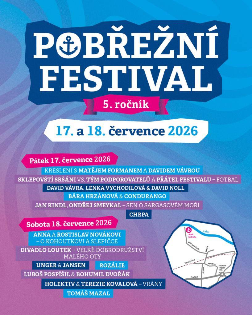 Uprostřed léta se bude na břehu Labe konat v pořadí již 5. ročník Pobřežního festivalu. Tento multižánrový festival bude opět pestrý.   Do Přelouče zavítá Bára Hrzánová, Bratři Formanové, Terezie Kovalová a Holektiv, Rozálie Havelková a další.