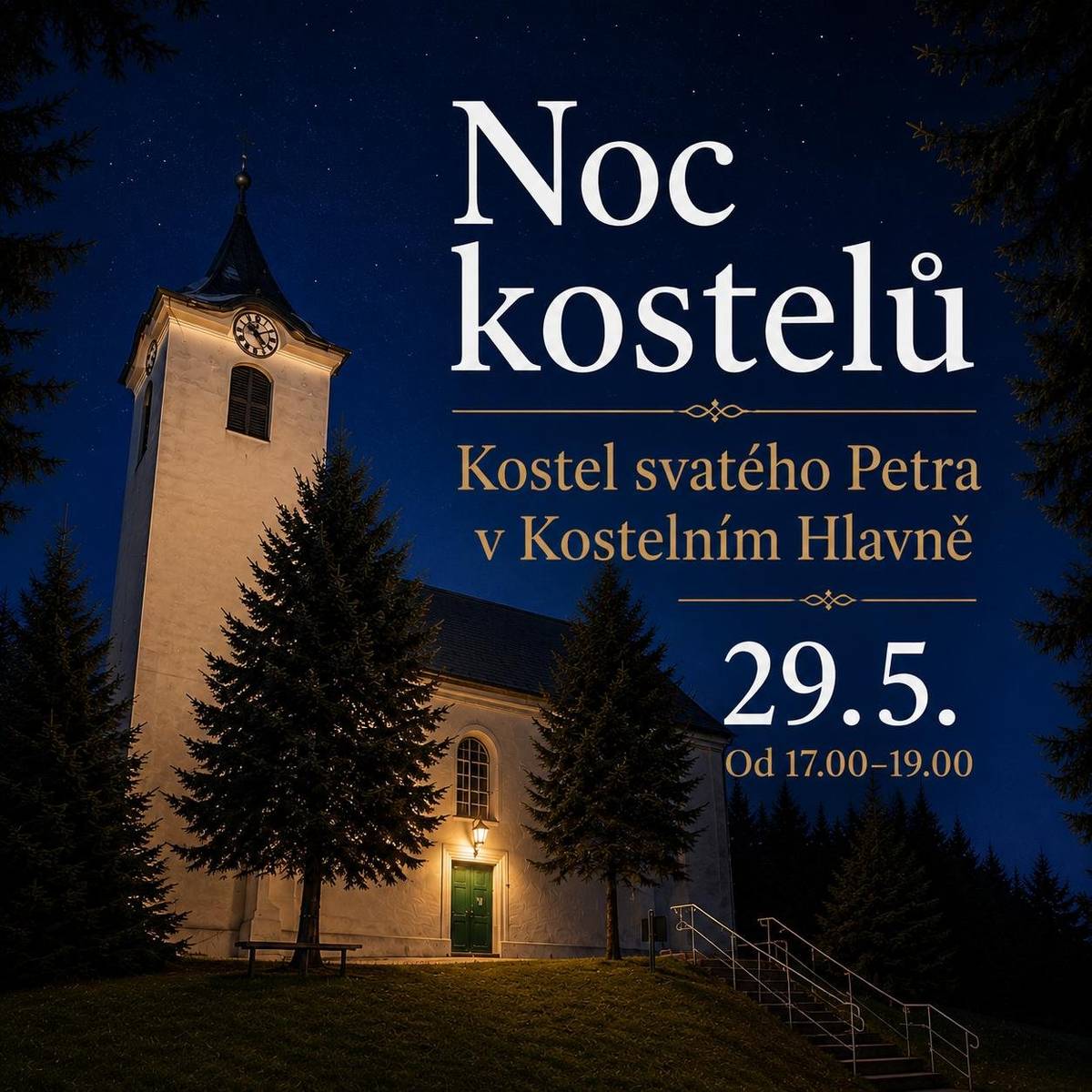 Noc kostelů v Kostelním Hlavně   Srdečně Vás zveme na tradiční Noc kostelů, která proběhne v pátek 29. května v našem kostele.   Přijďte si užít jedinečnou večerní atmosféru otevřeného kostela, chvíli klidu a setkání se sousedy i přáteli.   Kostel bude otevřen pro veřejnost od 17.00 do 19.00 hodin Součástí večera bude také výklad pana Krahulce   Noc kostelů není jen pro věřící — je pro všechny, kteří mají rádi historii, atmosféru našich kostelů a příjemné společné chvíle