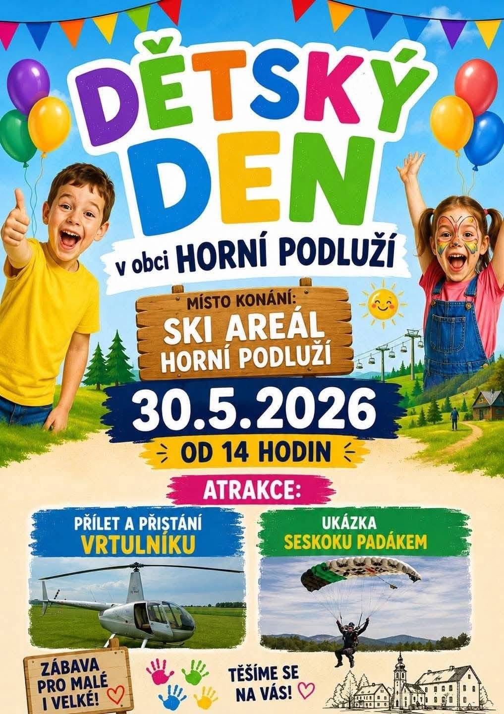 Přátelé, už tuto sobotu se uvidíme na vleku při oslavě Dne dětí! 🎉  Čeká nás mimo jiné i obrovská atrakce – možnost letů vrtulníkem 🚁 a také seskoky parašutistů, které proběhnou ve 14:00, 15:00 a 16:00 hodin. Hasičská pěna cca v půl páté 👍 Těšíme se na vás! 😊