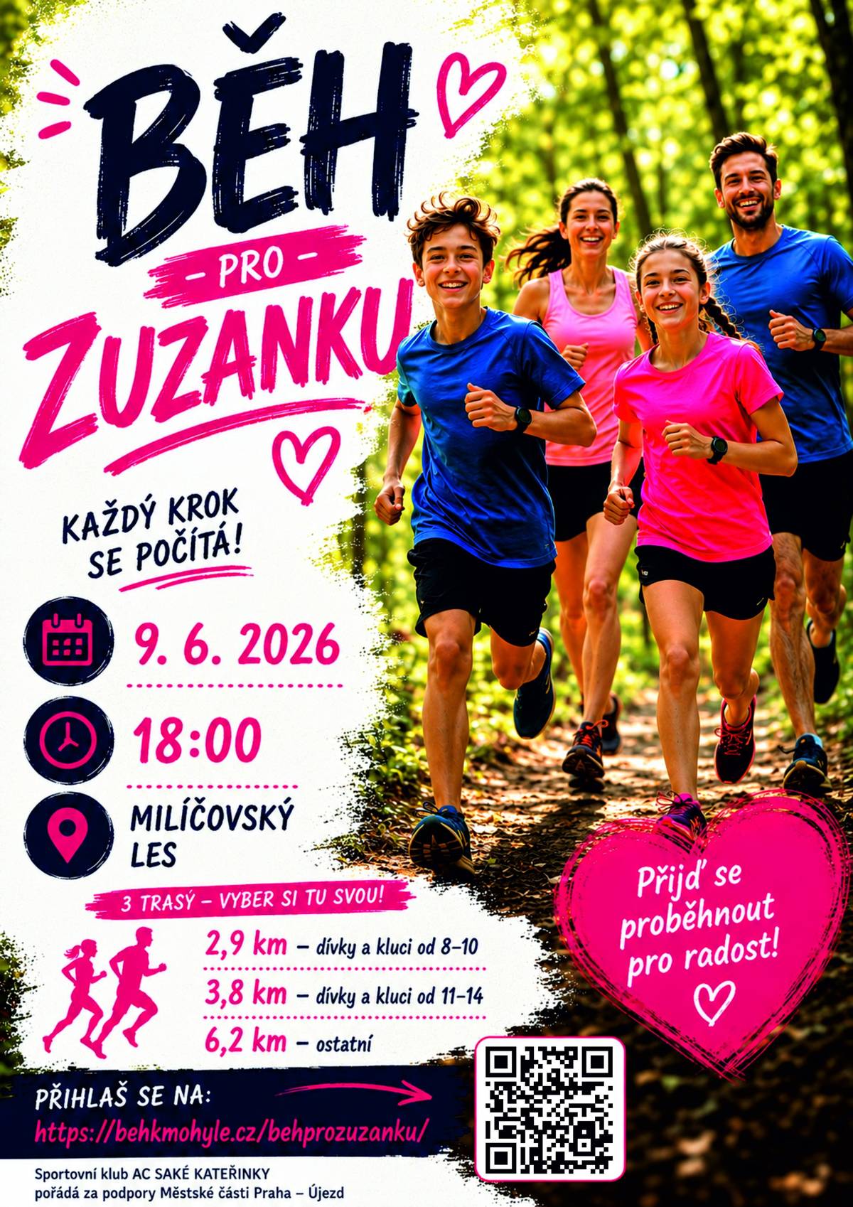 Sportovní klub AC SAKÉ KATEŘINKY za podpory městské části zve všechny sportovní nadšence na Běh pro Zuzanku, který se bude konat v úterý 9. června 2026 od 18 hodin v Milíčovském lese.