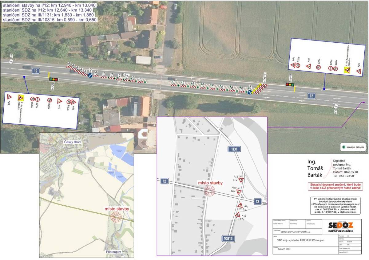 V rámci realizace akce "STC Kraj – výstavba ASD MÚR Přistoupim" dojde dne 8. a 9. června k přechodné úpravě provozu na silnici I/12. Provoz bude sveden do jednoho jízdního pruhu a bude řízen semafory.