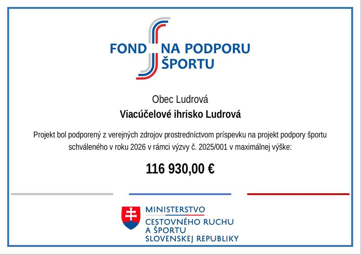 "Viacúčelové ihrisko Ludrová" z dotácie Fondu na podporu športu