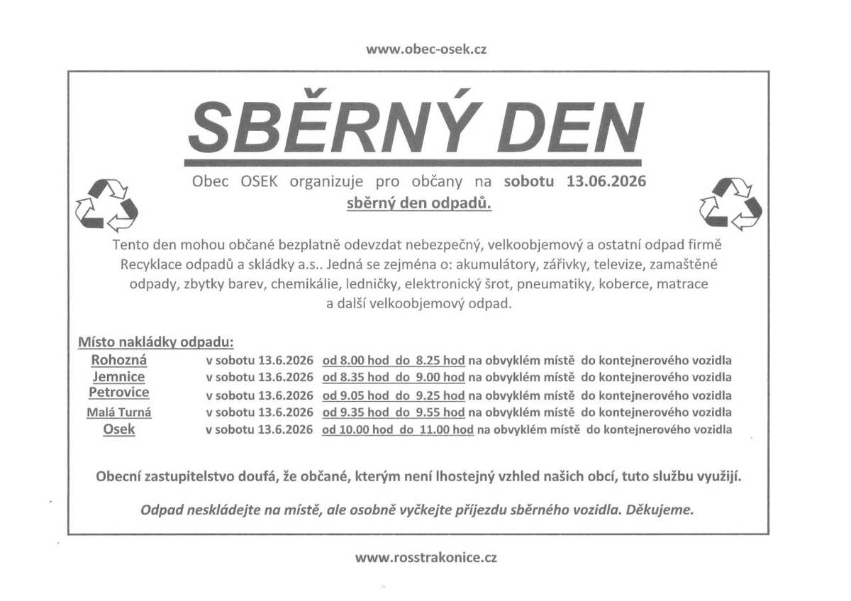 Obec Osek pořádá sběrný den odpadů v sobotu 13. června 2026, kde mohou občané zdarma odevzdat nebezpečný a velkoobjemový odpad.