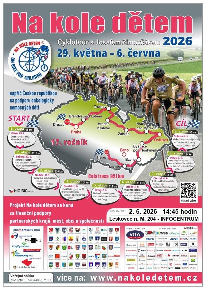 Cyklotour s Josefem Zimovčákem se koná 29. května - 6. června 2026 napříč Českou republikou na podporu onkologicky nemocných dětí. Obcí Leskovec nad Moravicí projíždí 2. června, zastávka bude u INFOCENTRA v 14:45 hodin.