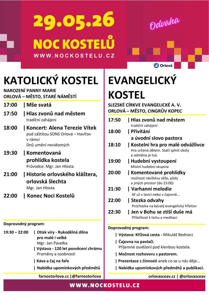 Kostely a modlitebny, včetně orlovských, se dnes večer otevřou veřejnosti v rámci tradiční Noci kostelů. Využijte jedinečnou příležitost nahlédnout do běžně nepřístupných prostor sakrálních staveb a poznat jejich historii, architekturu i duchovní rozměr. V 17:50 hodin zazní nad městem hlas zvonů z obou orlovských kostelů. Katol...