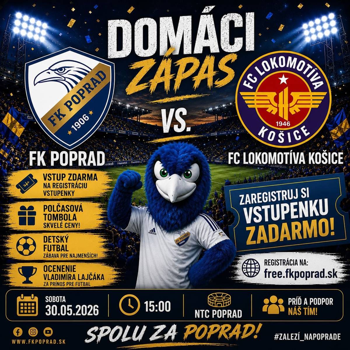 ⚽Popradskí futbalisti privítajú v poslednom zápase sezóny III. ligy Východ tím FC Lokomotíva Košice. 📆Zápas posledného 26. kola súťaže sa odohrá v sobotu 30. mája o 15. hodine na ihrisku Národného tréningového centra v Poprade. 👌Na fanúšikov čaká opäť bohatý sprievodný program s maskotom či súťažami a veľkolepá rozlúčka s aktuálnou sezónou. ‼️Vstup na zápas je zdarma, no registrácia je povinná a pre vstup na štadión je potrebné mať bezplatnú QR vstupenku, ktorú si diváci môžu zabezpečiť cez webovú stránku free.fkpoprad.sk. 👉Deti do 15 rokov a seniori nad 70 rokov majú vstup povolený aj bez registrácie a QR vstupenky. Čo vy na to? Prídete sa s chlapcami rozlúčiť? 💪