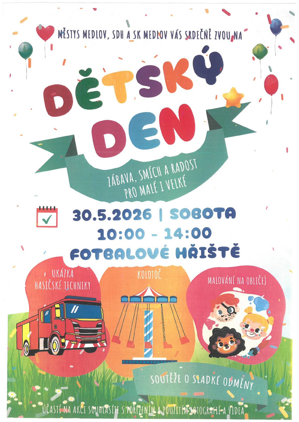 SK Medlov ve spolupráci s SDH srdečně zvou v sobotu 30.5.2026 do areálu fotbalového hřiště na oslavu Dětského dne.