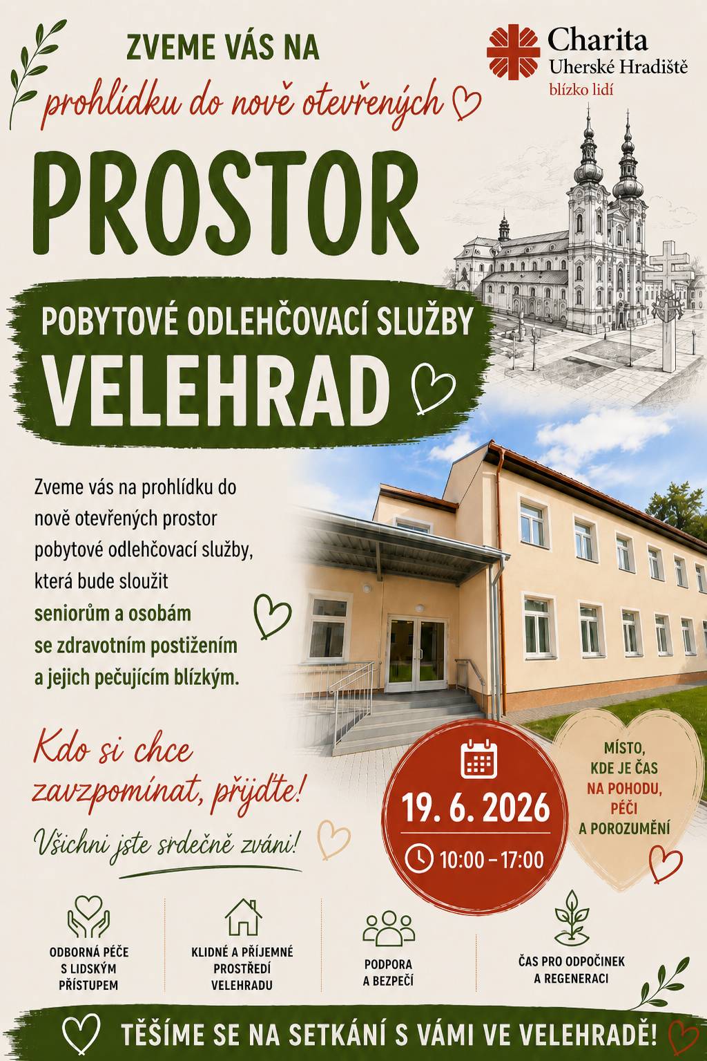 Charita Uherské Hradiště Vás zve na Den otevřených dveří nové Pobytové odlehčovací služby Velehrad, který se uskuteční dne 19. června 2026 od 10:00 do 17:00 hodin. Přijďte si prohlédnout nové prostory, seznámit se s nabízenými službami a získat bližší informace o možnostech péče a podpory pro Vaše blízké. Den otevřených dveří je určen nejen odborné veřejnosti, ale také široké veřejnosti, která může hledat pomoc či dočasné umístění pro své rodinné příslušníky.