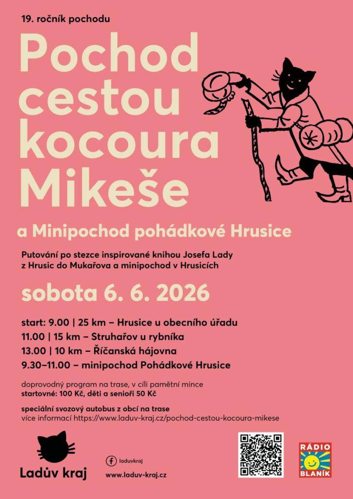 Obec zve všechny milovníky turistiky, rodiny s dětmi i příznivce Ladova kraje na 19. ročník oblíbeného pochodu Cestou kocoura Mikeše a Minipochod pohádkové Hrusice, který se uskuteční v sobotu 6. června 2026.