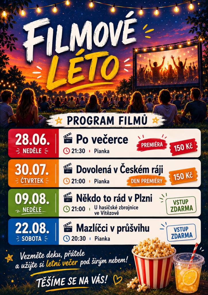Ve Velimi se chystá série letních filmových večerů pod širým nebem, které organizujeme ve spolupráci s Kinem na kolečkách. Těšit se můžete na různé filmy, včetně premiér a českých komedií, které se budou konat na různých místech, jako je Pianka a Vítězov u hasičské zbrojnice.