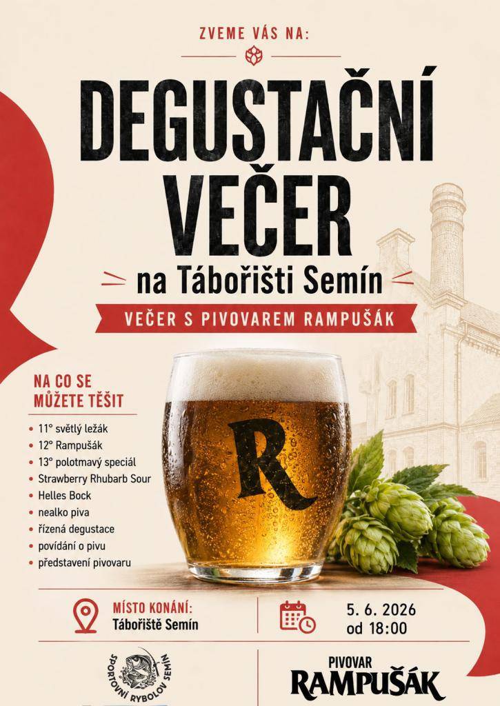 "Zveme vás na degustační večer s pivovarem Rampušák - pátek 5.6.2026 od 18:00. Přijďte si poslechnout příběhy z pivovaru a ochutnat piva pod vedením sládka. Ochutnávka včetně malého občerstvení: 200 Kč  Kapacita je omezená, doporučujeme rezervaci."