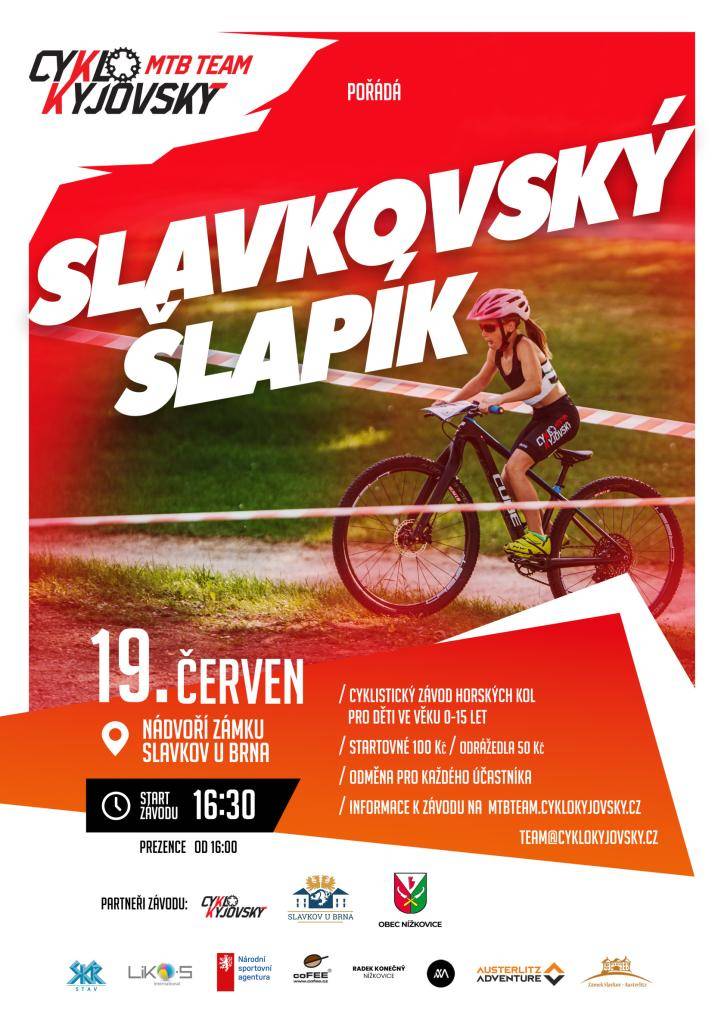 Cyklistický závod pro děti ve věku 0-15 let  nádvoří zámku Slavkov u Brna - 19. června 2026  START závodu 16,30 hod   startovné 100 Kč/ odrážedla 50 Kč  Odměna pro každého účastníka