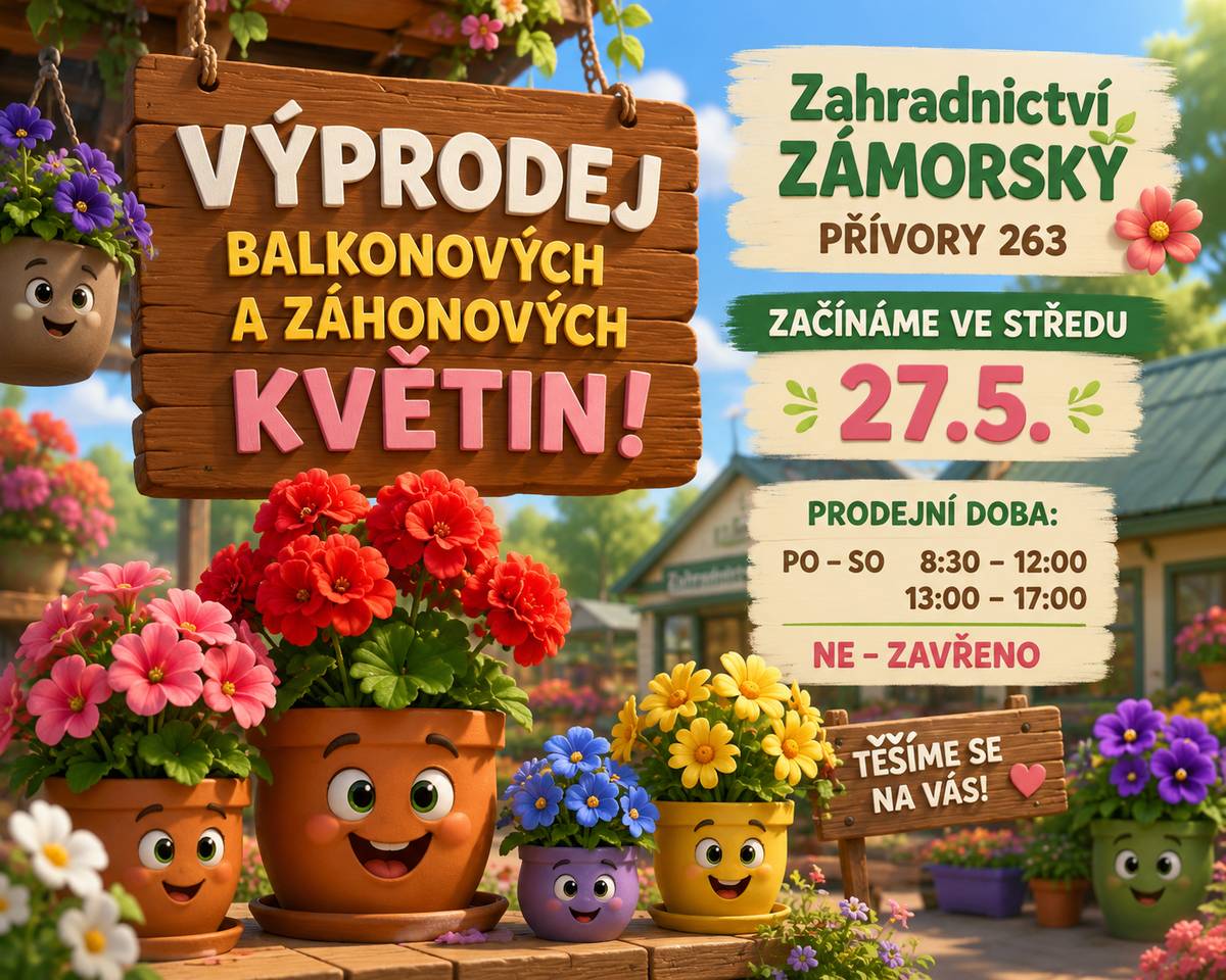 🌸 Máte ještě prázdné truhlíky nebo záhony? 😊 Zahradnictví Zámorský v Přívorech začíná od středy 27. května výprodej balkonových a záhonových květin 🌺🌼 Pokud ještě něco dosazujete nebo si chcete udělat radost novými kytičkami, teď je ideální chvíle 🌿 📍 Zahradnictví Zámorský Přívory 263 🕣 Otevřeno: Po–So 8:30–12:00 a 13:00–17:00 Neděle zavřeno.