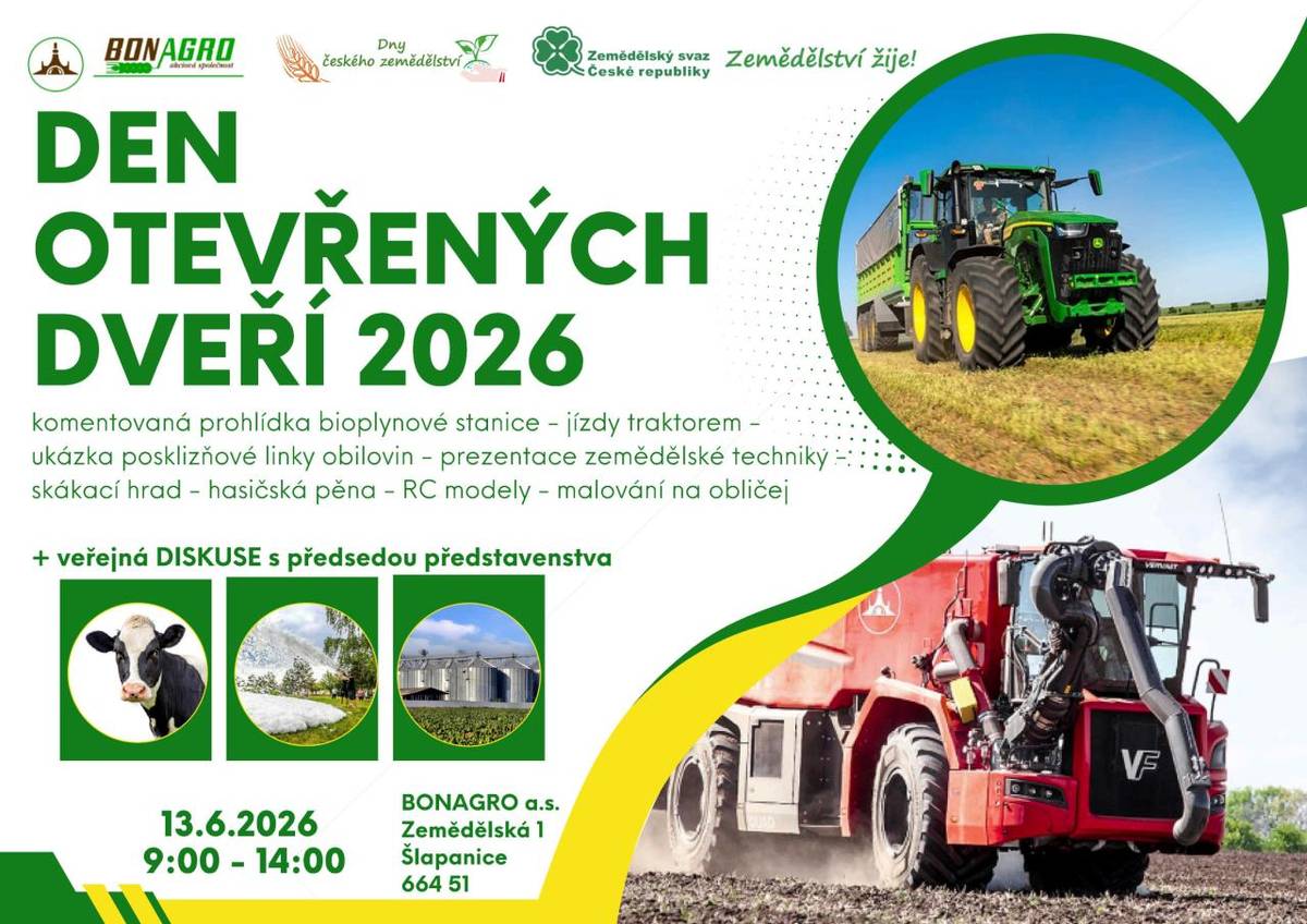 BONAGRO a.s. - Den otevřených dveří 2026  13. 6. 2026, 9:00 - 14:00, Šlapanice