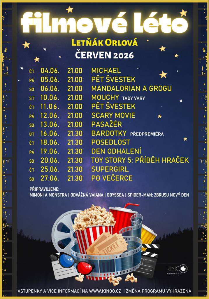 Filmové léto v Orlové přináší během června večery plné skvělých filmů, pohody a nezapomenutelné atmosféry. Čekají vás novinky, komedie, akční filmy i rodinné projekce. Vezměte své blízké, deku a dobrou náladu, vstupenky seženete na webu ZDE....