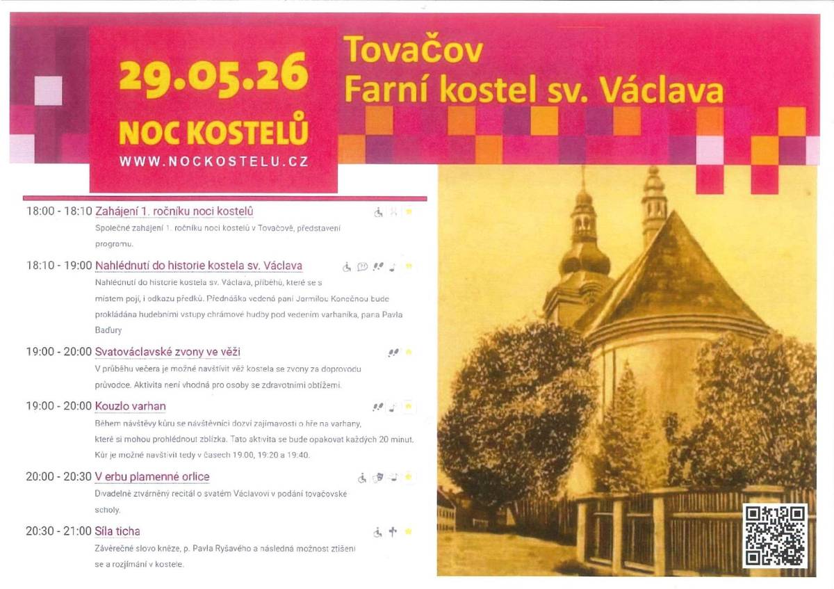 Dnes 29.5. se koná 1.ročník noci kostelů v Tovačově. Společné zahájení je od 18h v kostele sv. Václava.