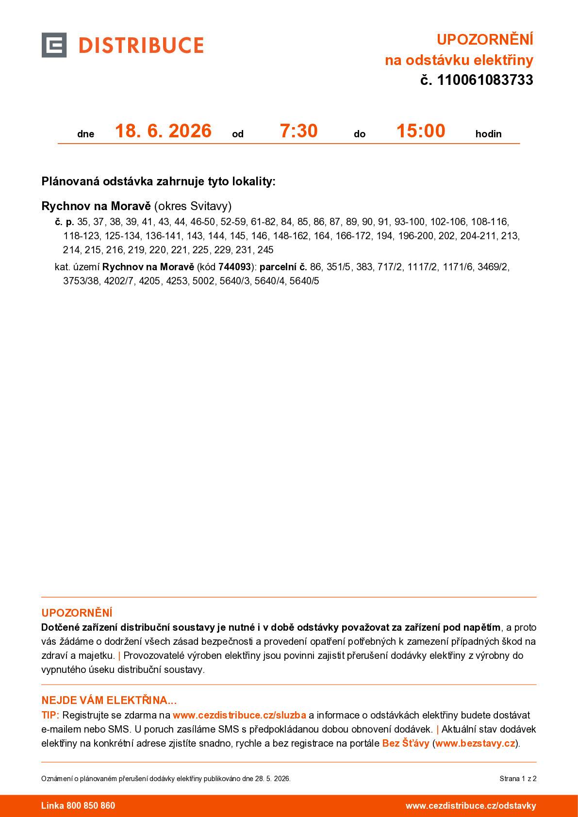 UPOZORNĚNÍ na plánovanou odstávku elektřiny v Rychnově na Moravě dne 18.6.2026 7:30-15:00h.