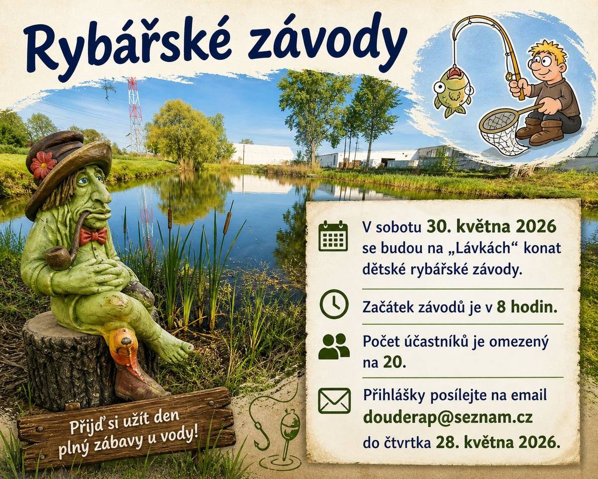 Máte doma malého rybáře nebo rybářku? 😊 V sobotu 30. května od 8 hodin pořádají rybáři na Lávkách dětské rybářské závody 🎣 Pro závodníky máme ještě několik volných míst, takže se stále můžete přihlásit. 📧 Přihlášky posílejte na mail: douderap@seznam.cz Přijďte si užít příjemné dopoledne u vody, zasoutěžit si a třeba ulovit i nějaký ten rybářský úspěch 🐟🏆 Těšíme se na Vás. 🎣😊