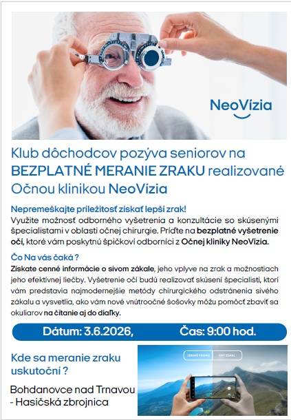 Využite možnosť odborného vyšetrenia a konzultácie so skúsenými špecialistami v oblasti očnej chirurgie dňa 3. júna 2026 (streda) o 9.00 hodine