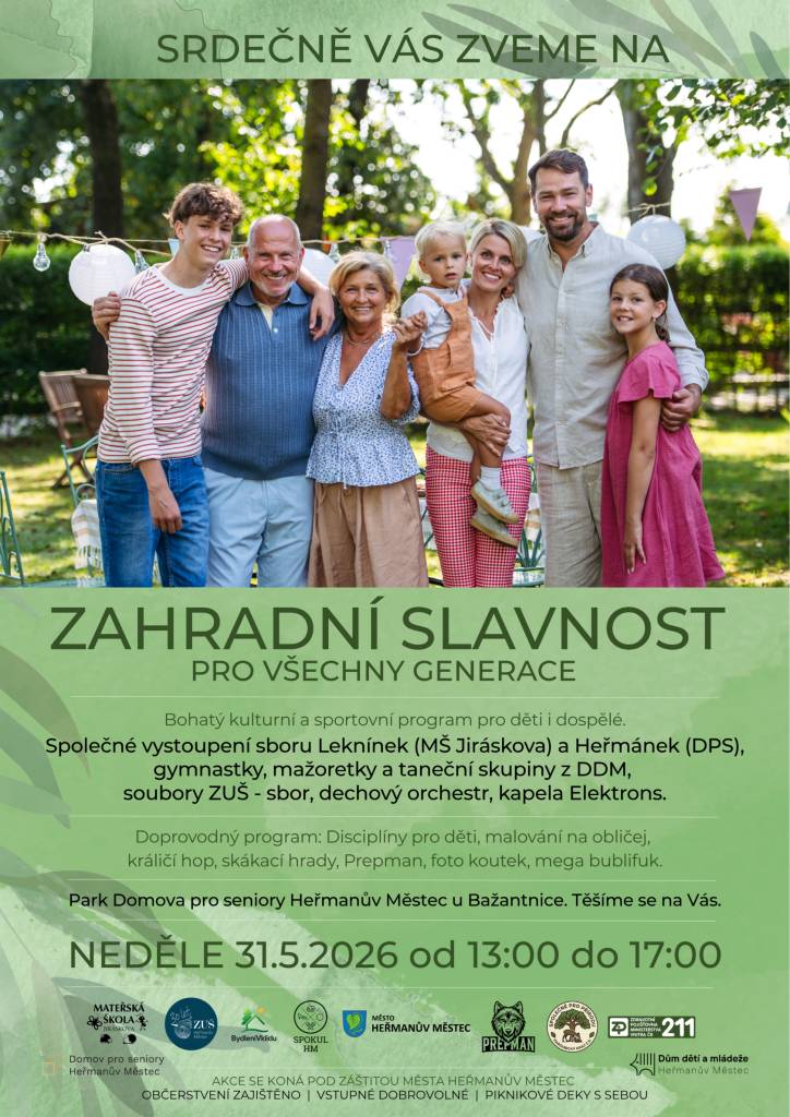 Srdečně zveme všechny děti, rodiče i prarodiče na Dětský den – Zahradní slavnost pro všechny generace, která se uskuteční v neděli 31. května od 13 do 17 hodin v parku Domova pro seniory u Bažantnice.