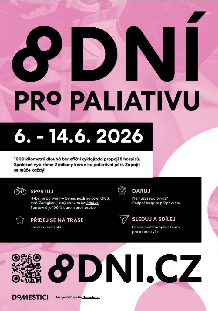 Během 8 dní a 8 hodin rozhýbeme Česko, abychom získali 2 miliony korun pro 8 skvělých hospiců, které pomáhají prožít závěr života doma. Přidejte se k benefiční cyklojízdě kdekoli po trase nebo akci podpořte svým pohybem nebo darem na dálku. Každá hodina se počítá!