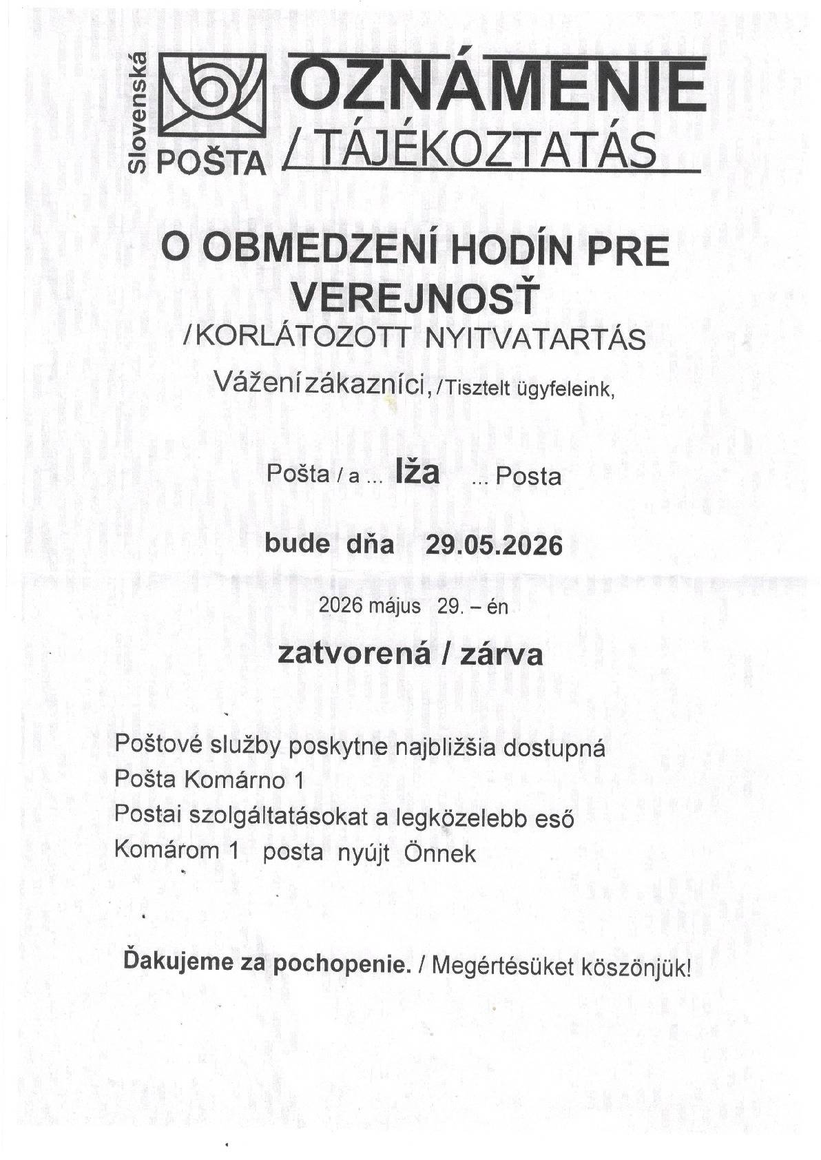 Oznámenie pošty Iža - Izsai postahivatal értesítése