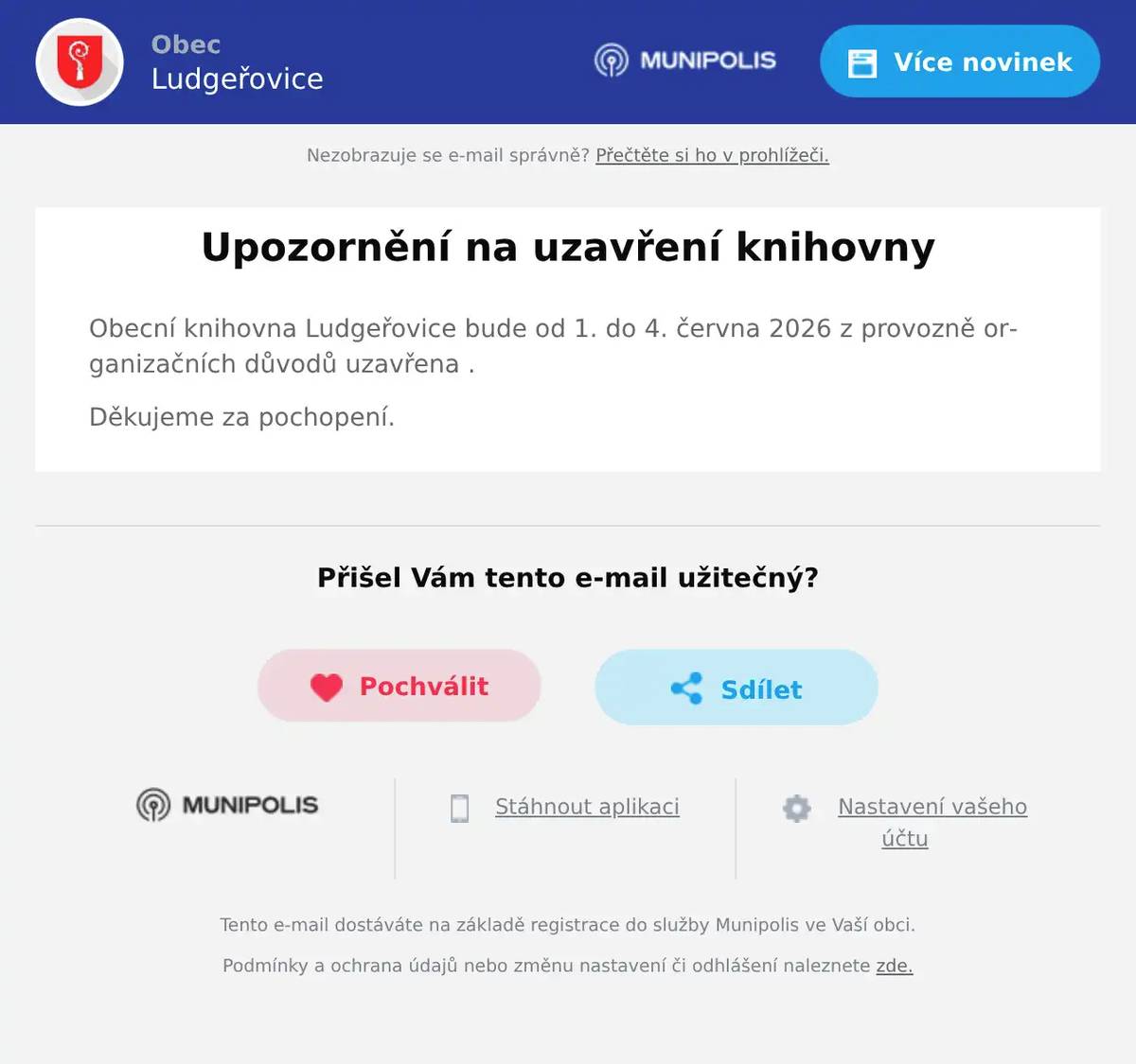 Obecní knihovna Ludgeřovice bude od 1. do 4. června 2026 z provozně organizačních důvodů uzavřena . Děkujeme za pochopení.
