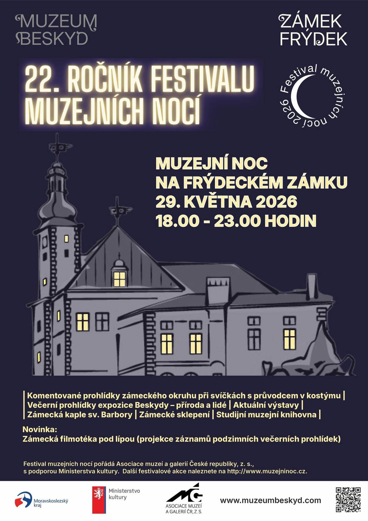 Muzeum Beskyd Frýdek-Místek v podvečer opět ožije! I letos se v netradičním čase otevřou brány muzea. Návštěvníci se mohou těšit na komentované prohlídky Zámeckého okruhu při svitu svíček s průvodcem v kostýmu, večerní prohlídky expozice Beskydy – příroda a lidé a aktuální výstavy. V rámci Muzejní noci budete moci nahlédnout do Zámecké kaple sv. Barbory nebo do zámeckého sklepení. Více informací zde: muzeumbeskyd.com/clanky/muzejni-noc-2026/