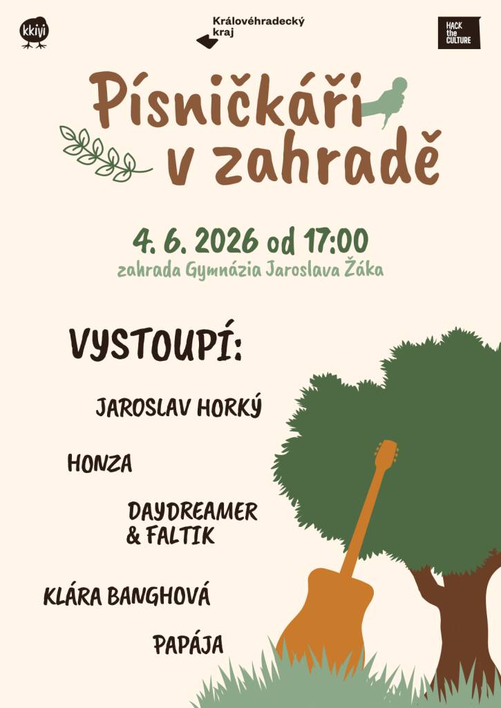 Zveme Vás na koncert, který se uskuteční v zahradě Gymnázia Jaroslava Žáka. Na programu vystoupí např. Jaroslav Horký, Klára Banghová a další. Přijďte si užít příjemný kulturní zážitek v krásném prostředí.
