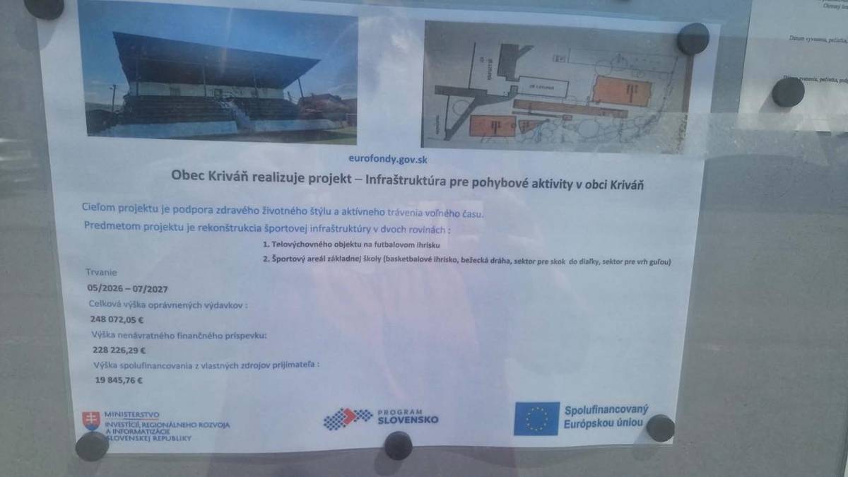 Obec Kriváň začala s realizáciou projektu Infraštruktúra pre pohybové aktivity v obci Kriváň s cieľom podpory zdravého životného štýlu a aktívneho trávenia voľného času.