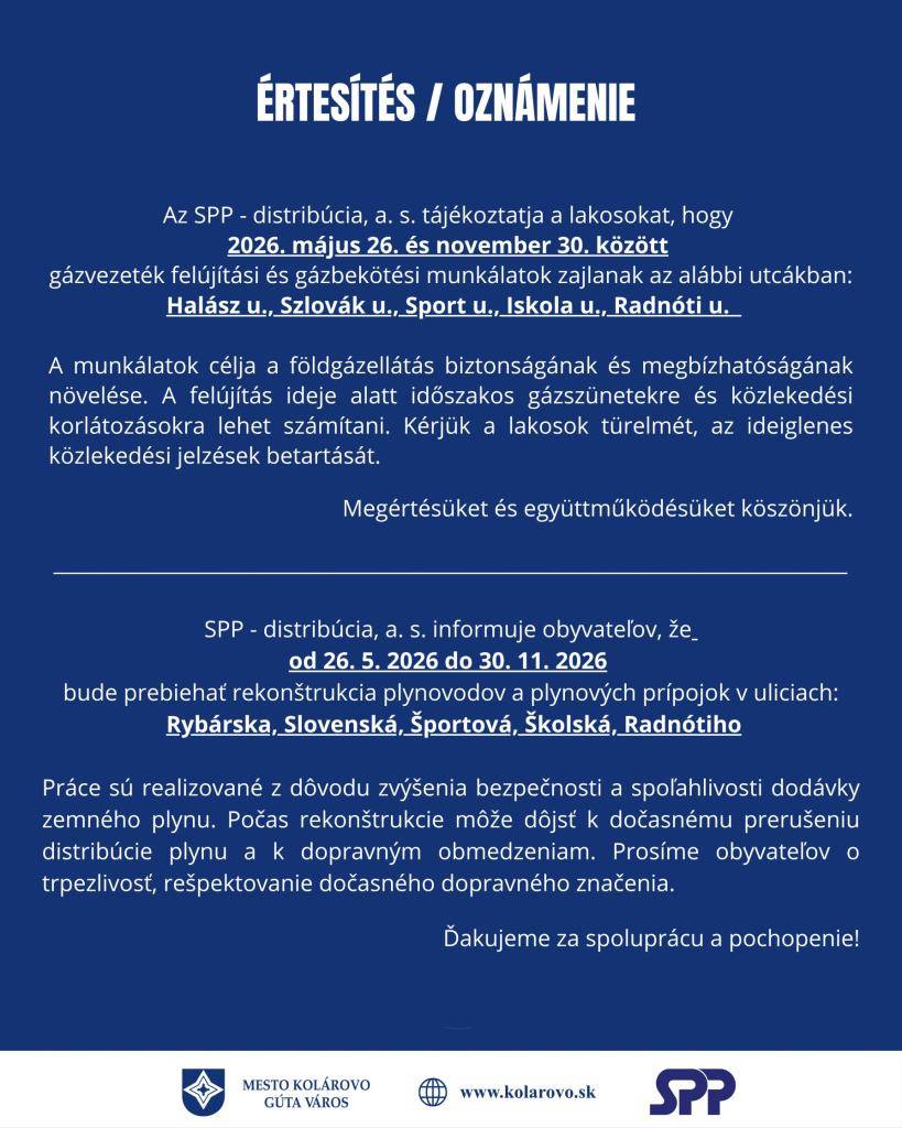 SPP - distribúcia, a. s. informuje obyvateľov, že od 26. 5. 2026 do 30. 11. 2026 bude prebiehať rekonštrukcia plynovodov a plynových prípojok v uliciach: Rybárska, Slovenská, Športová, Školská, Radnótiho.