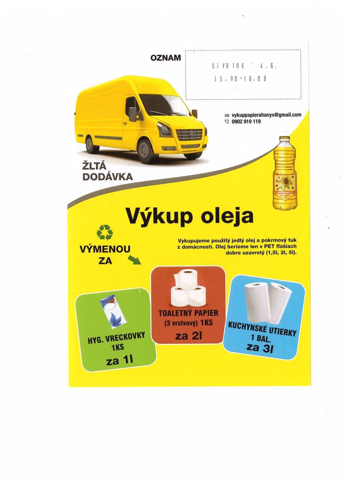 Dňa 04. júna 2026 v čase od 15:00 do 16:00 hodiny sa uskutoční výkup použitého jedlého oleja. 2026 június 4.-én használt étolaj leadására lesz lehetőség.