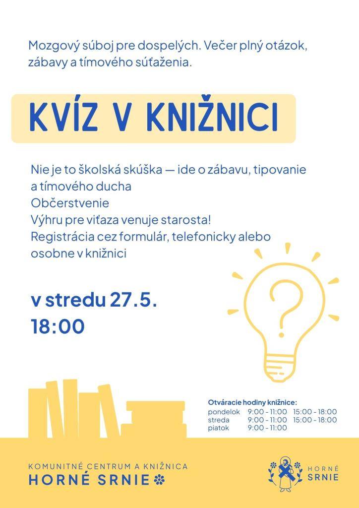 Pozývame vás na kvíz v knižnici v stredu 27.5.2026