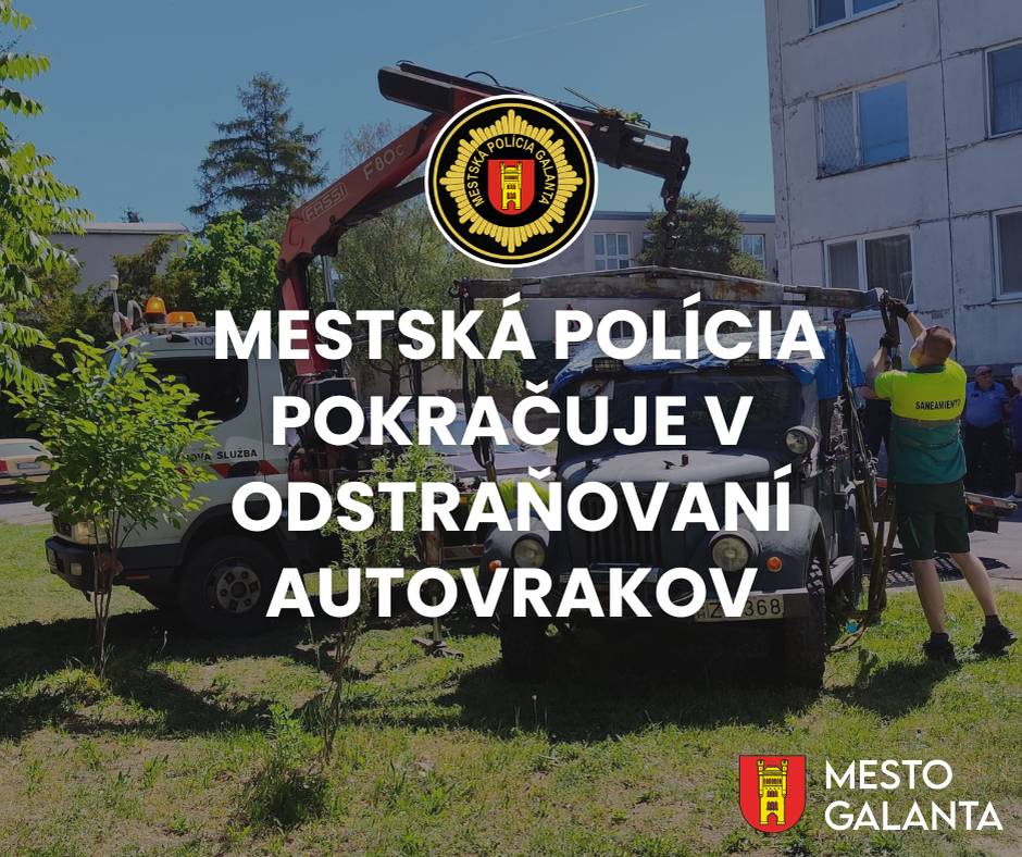 Mestská polícia Galanta pokračuje v aktivitách zameraných na čistejšie a bezpečnejšie mesto.  Dnes boli odstránené tri autovraky:  - ul. Stavbárska  - ul. Z. Kodálya  - cesta č. 507 smer Čierny Brod    Na odstránení ďalších nepojazdných a odstavených vozidiel intenzívne pracujeme.