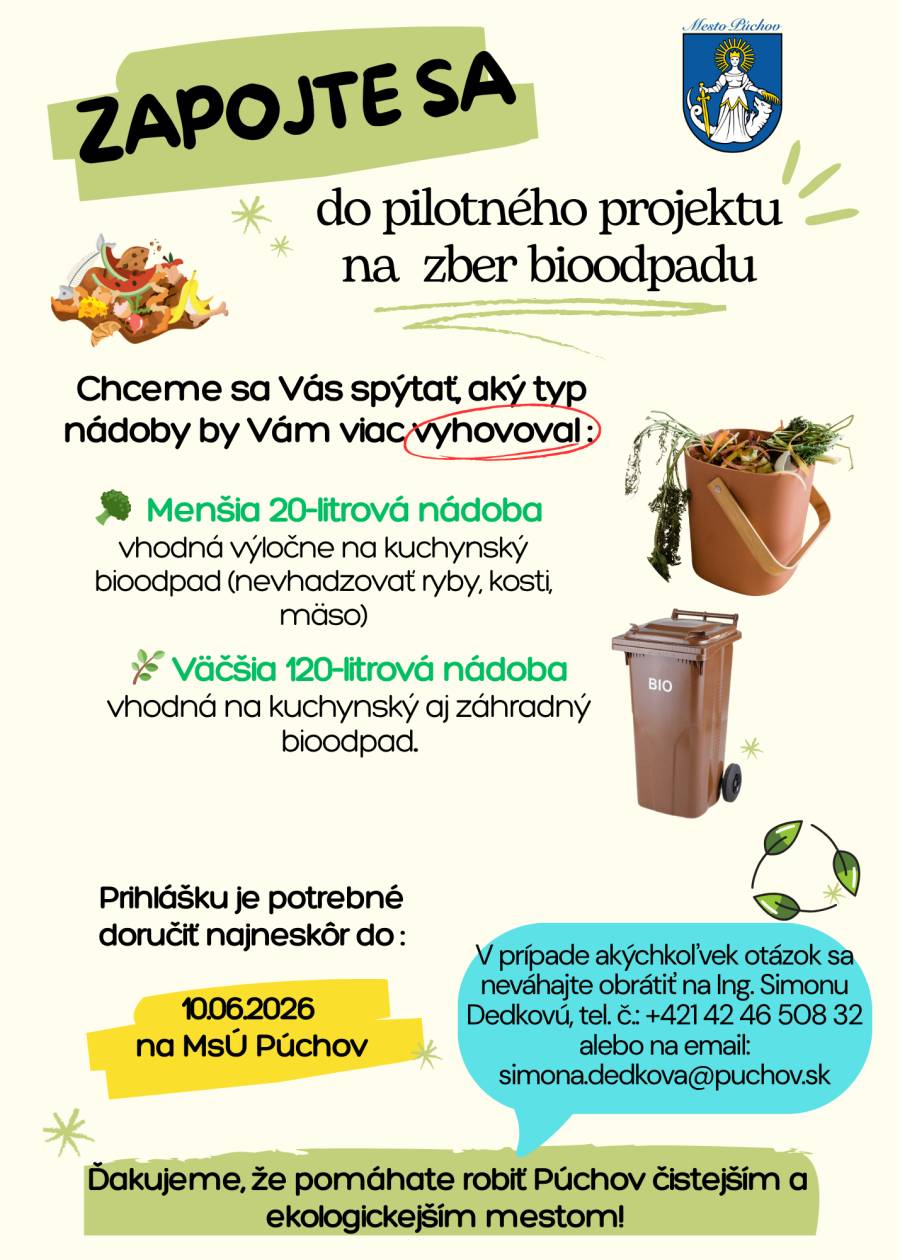 Mesto Púchov pripravuje pilotný projekt zberu biologicky rozložiteľného odpadu z domácností rodinných domov s cieľom zlepšiť triedenie odpadu a zabezp...
