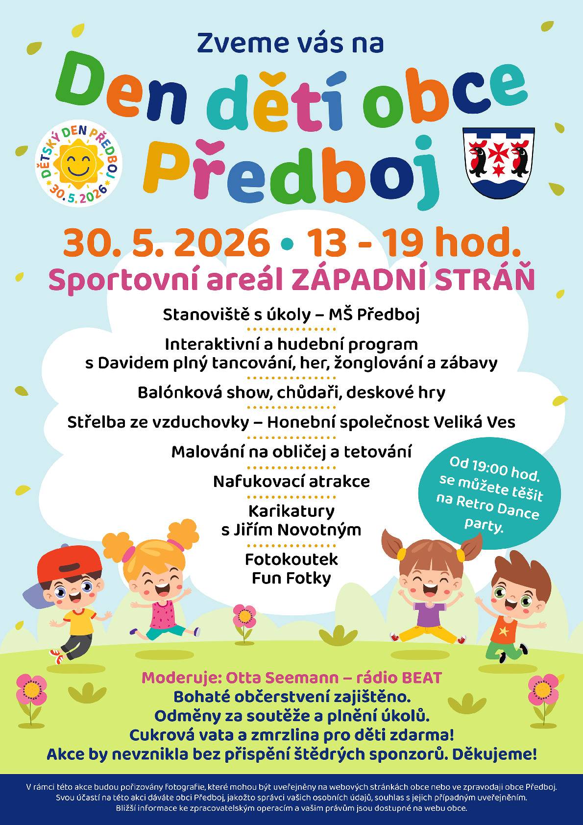 Obec Předboj zve občany na dětský den a následnou retro dance party, která se uskuteční 30. 5. 2026 v Předboji.