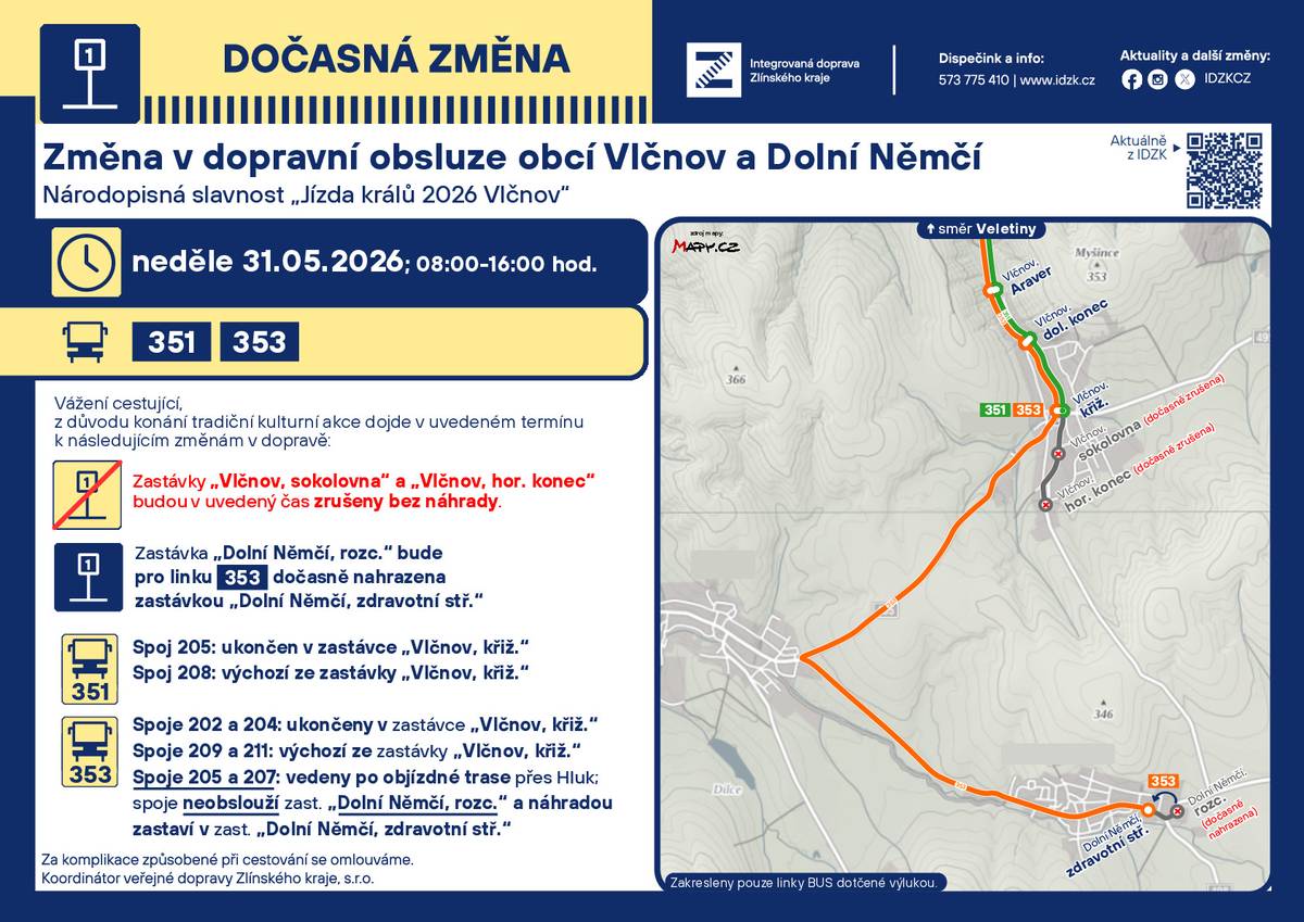 Z důvodu konání tradiční kulturní akce dojde v neděli 31.5.2026 od 8.00 -16.00 hod. ke změnám v dopravě, viz příloha