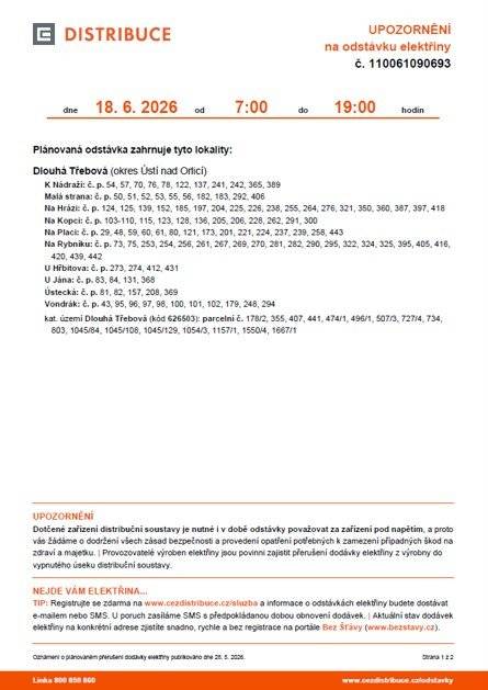 ČEZ Distribuce, a. s. upozorňuje na plánovanou odstávku elektřiny 18.06.2026:
