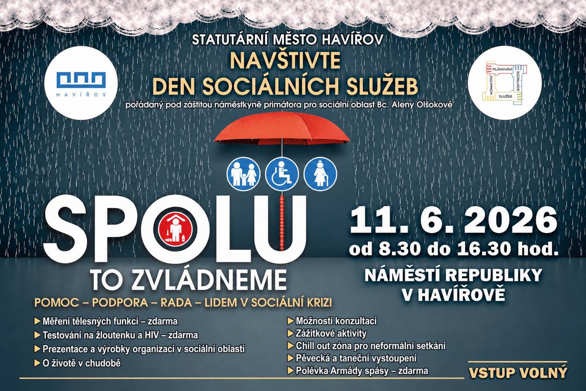Město Havířov a odbor sociálních věcí zve veřejnost na Den sociálních služeb, který se uskuteční ve čtvrtek 11. června 2026 od 8:30 do 16:30 hodin na náměstí Republiky v Havířově. Vstup na akci je zdarma. Návštěvníci se mohou setkat se zástupci organizací, které pomáhají lidem v náročných životních situacích. Letošní ročník je zaměřen zejména na podporu osob v sociální krizi – například lidí s finančními problémy, dluhy, ztrátou zaměstnání nebo bydlení či osob se závislostmi. Součástí dne bude také bohatý doprovodný program zdarma:  měření zdravotních funkcí testování HIV a žloutenky poradenství v oblasti dluhů a sociálních dávek charitní šatník ADRA ukázky života lidí bez domova simulační brýle opilosti a drog taneční a pěvecká vystoupení dětí chill out zóna a občerstvení Armády spásy  Cílem akce je přiblížit veřejnosti možnosti pomoci a podpory lidem, kteří se ocitli v těžké životní situaci, a zároveň nabídnout konkrétní informace a poradenství všem, kteří je potřebují.       https://havirov-city.cz/aktuality/ve-ctvrtek-11-cervna-jste-zvani-na-den-socialnich-sluzeb