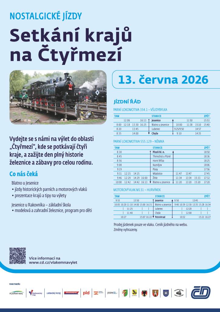 Setkání krajů na Čtyřmezí se uskuteční 13. června 2026. Přijďte si užít nostalgické jízdy parních a motorových vlaků, prezentace krajů a program pro mladé návštěvníky. Tato akce slibuje den plný zábavy a zážitků v malebné krajině.