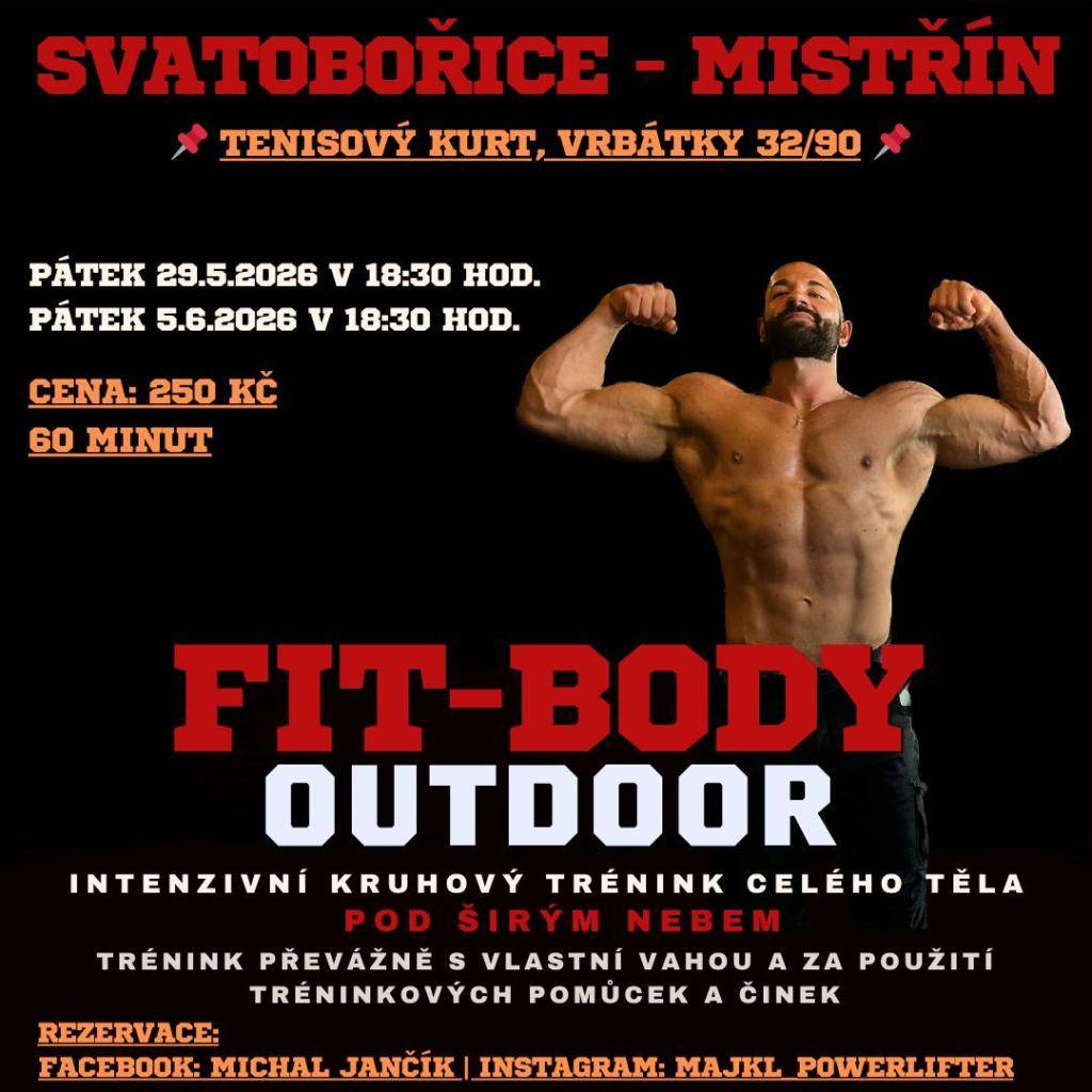 FIT-BODY OUTDOOR 2026     Přijď si dát pořádně do těla pod širým nebem!   Čeká tě intenzivní kruhový trénink celého těla, skvělá atmosféra a pořádná dávka energie!