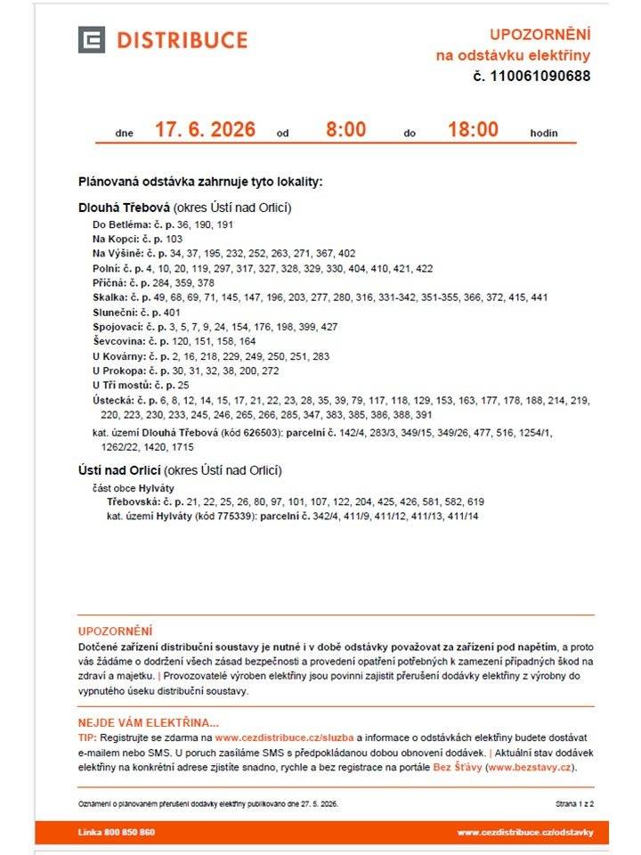 ČEZ Distribuce, a. s. upozorňuje na plánovanou odstávku elektřiny dne 17. června 2026, bližší informace uvedeny zde: