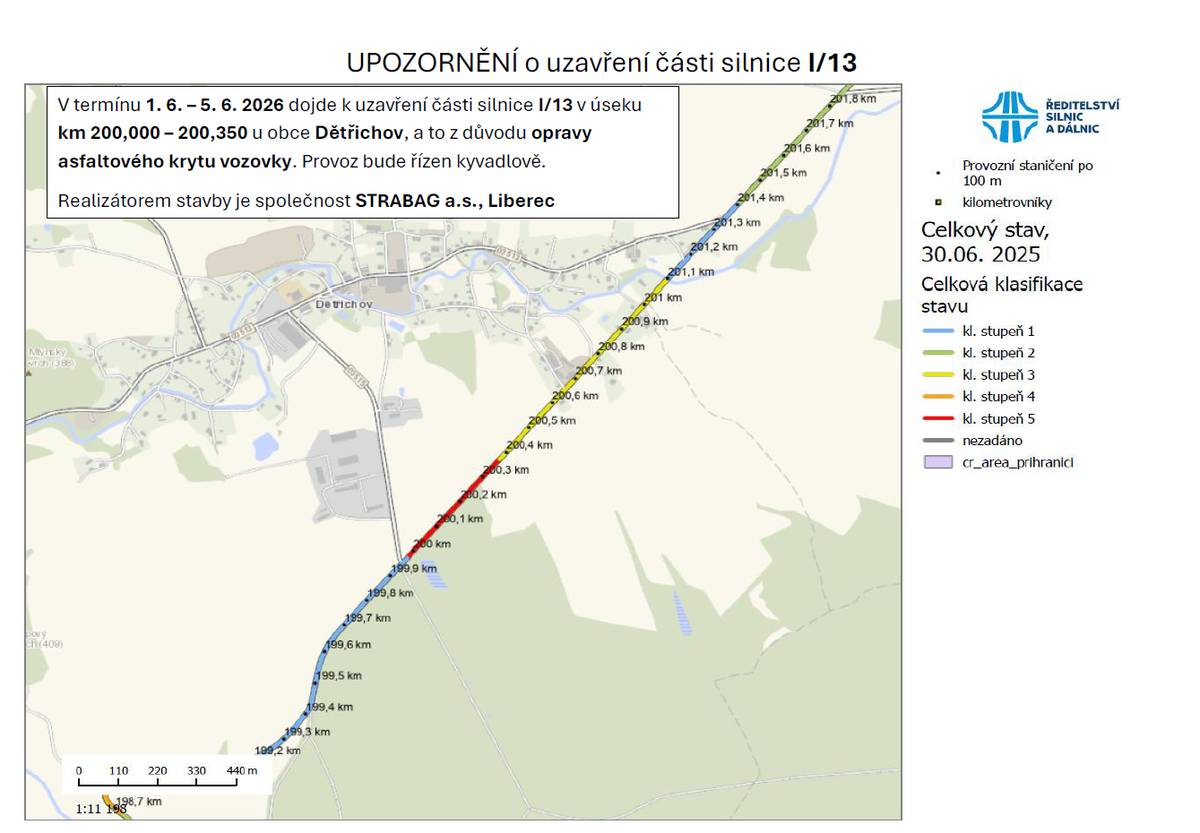 Vážení občané, v termínu od 1. 6. – 5. 6. 2026 dojde k uzavření části silnice I/13 v úseku km 200,000 – 200,350 u obce Dětřichov, a to z důvodu opravy asfaltového krytu vozovky. Provoz bude řízen kyvadlově. Realizátorem stavby je společnost STRABAG a.s., Liberec