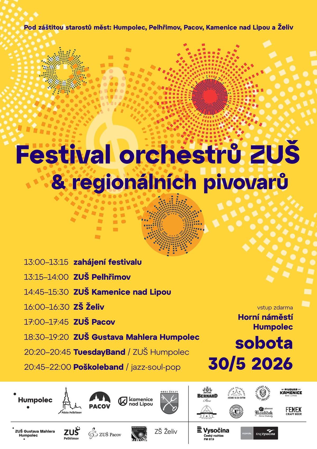 Již tuto sobotu 30. 5. 2026 se uskuteční v Humpolci na Horním náměstí 1. ročník putovního Festivalu ZUŠ a regionálních pivovarů. Na festivalu vystoupí také pěvecký soubor ze Základní školy v Želivě. Vstupné je zdarma. Svá piva představí Pivovar Bernard, Pivovar Pelhřimov, Pivovar Pacov, Pivovar Kamenice nad Lipou, Klášterní pivovar Želiv, Ruxusní minipivovar a Pivovar Kozlíček. Jste srdečně zváni!