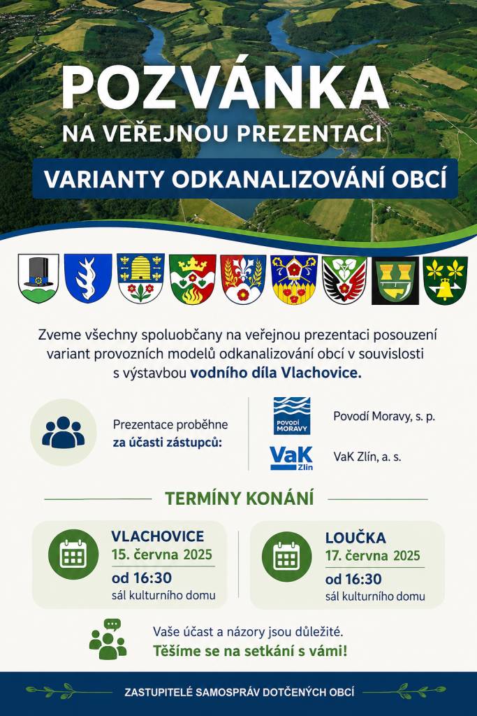 Zastupitelé samospráv dotčených výstavbou VD Vlachovice zvou občany na veřejnou prezentaci variant odkanalizování obcí.