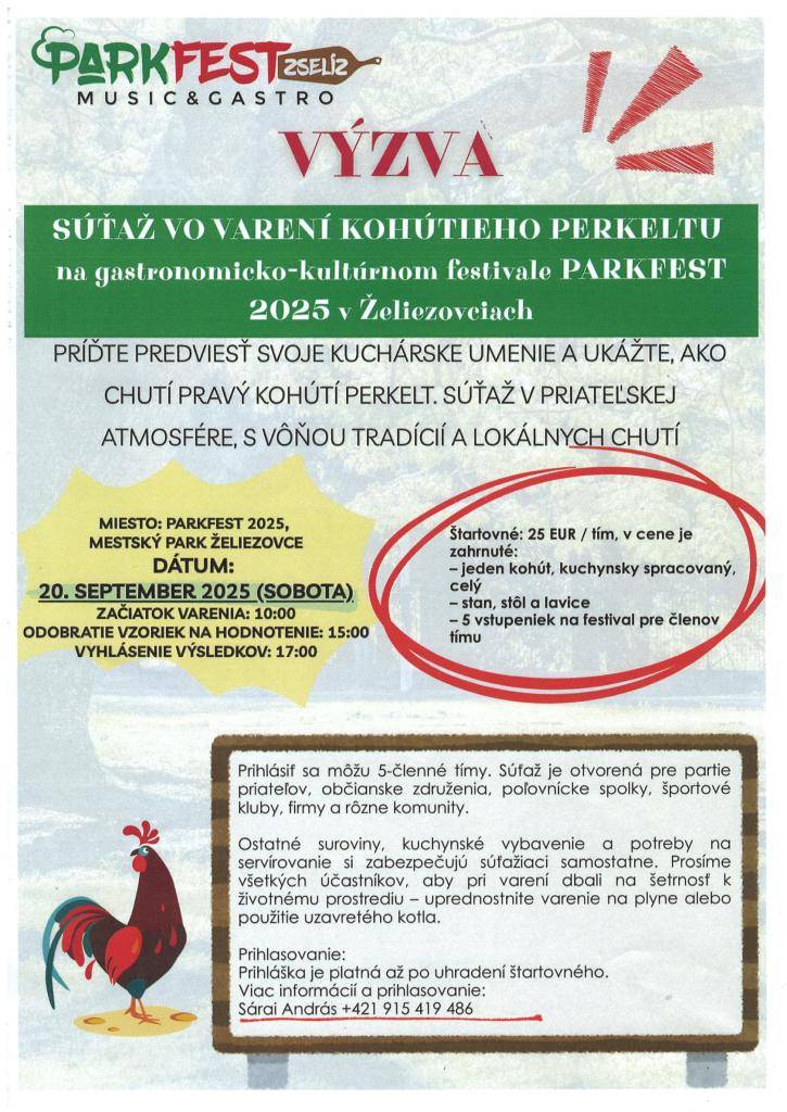 Súťaž vo varení kohútneho perkeltu na gastronomicko-kúlturnom festivale PARKFEST 2025 v Želiezovciach/Kakaspörkölt-főzőverseny a zselízi PARKFEST 2025 gasztrokulturális fesztiválo