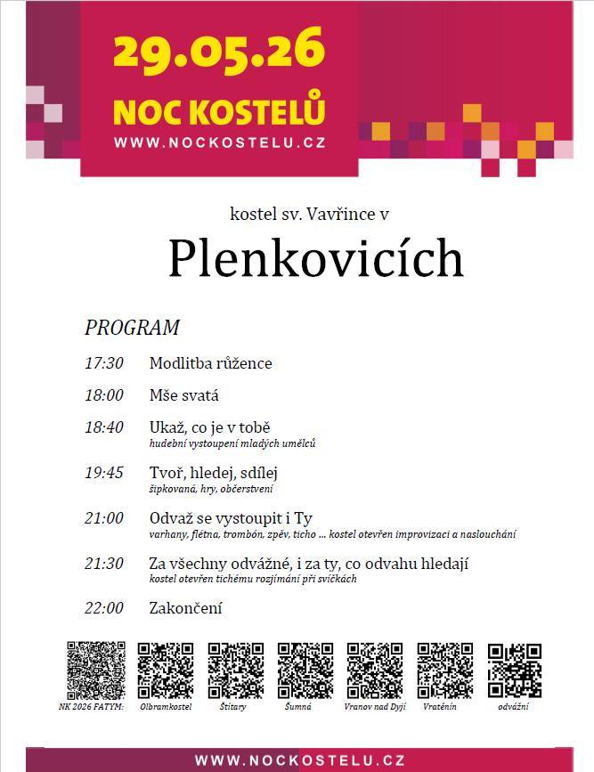 1. Noc kostelů 29.5.2026  2. Svoz kovového odpadu a elektrospotřebičů 30.5.2026