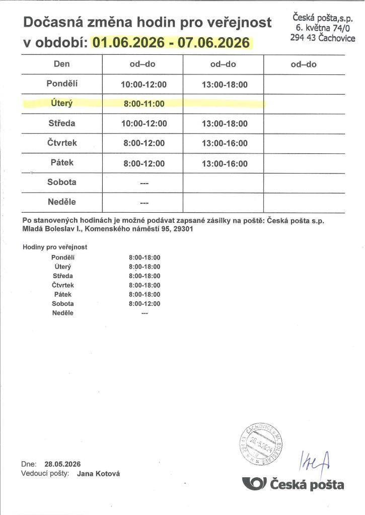 Pošta Čachovice bude mít v úterý 2.6.2026 omezenou pracovní dobu, otevřeno bude pouze 8:00 - 11:00.